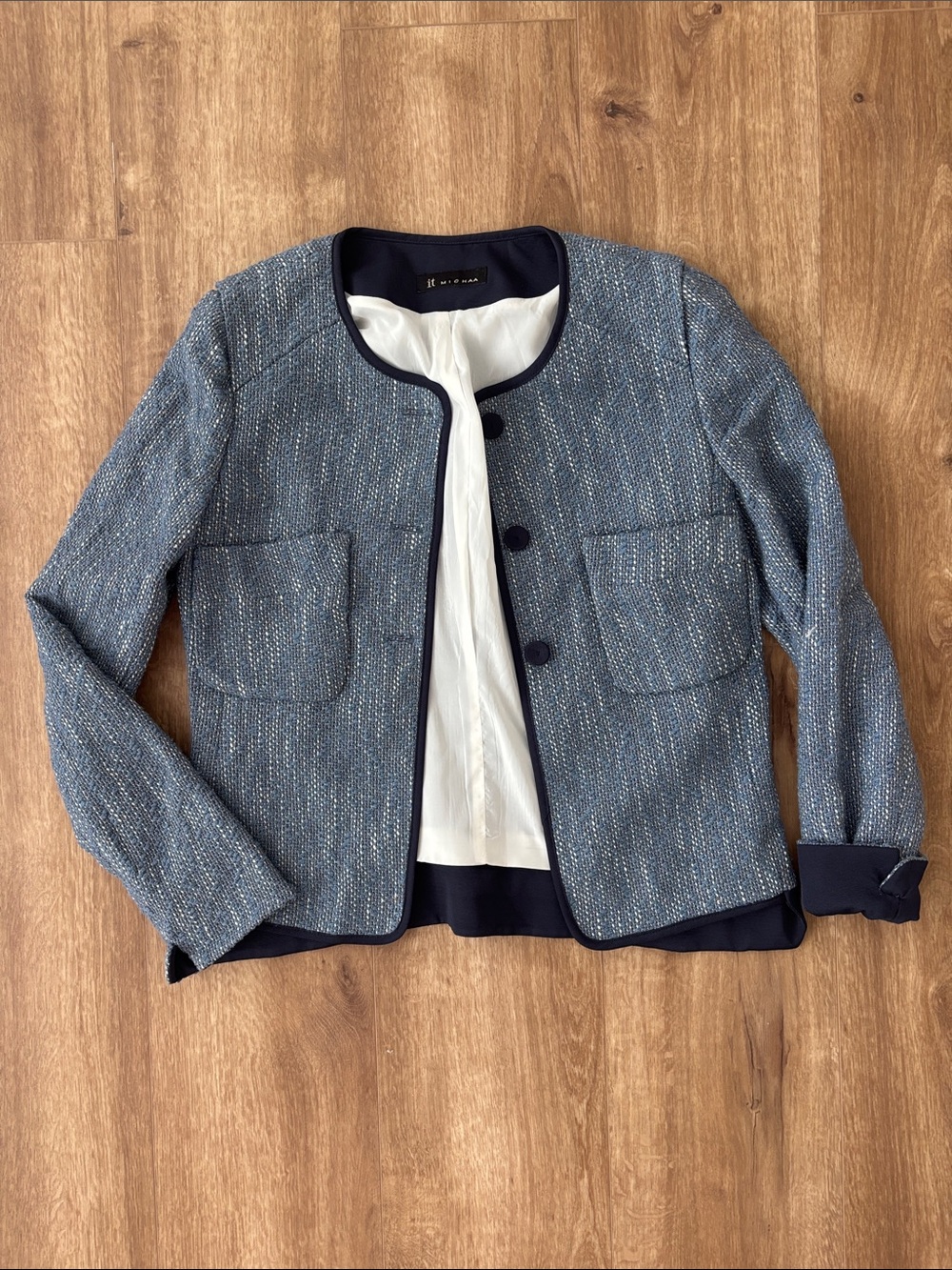Classic Blue Tweed Collarless Jacket